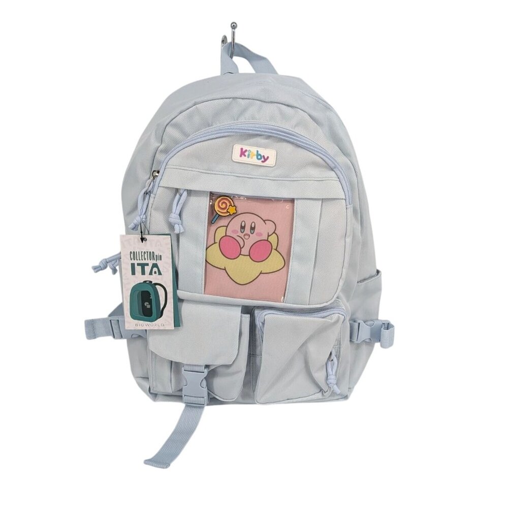 Kirby Blue Multi Pockets Backpack ITA Collector Pin Y2K Kawaii Gamer Anime Tech
